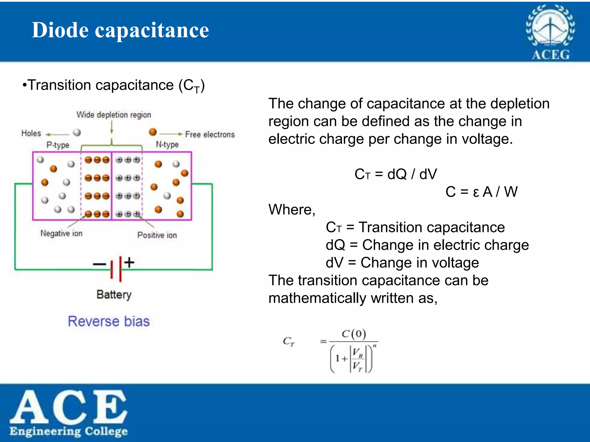 P.KIRAN KUMAR,ECE DEPARTMENT 19
Diode capacitance
•Transition capacitance (CT)
The change of capacitance at the depletion
region can be defined as the change in
electric charge per change in voltage.
CT = dQ / dV
C = ε A / W
Where,
CT = Transition capacitance
dQ = Change in electric charge
dV = Change in voltage
The transition capacitance can be
mathematically written as,
 