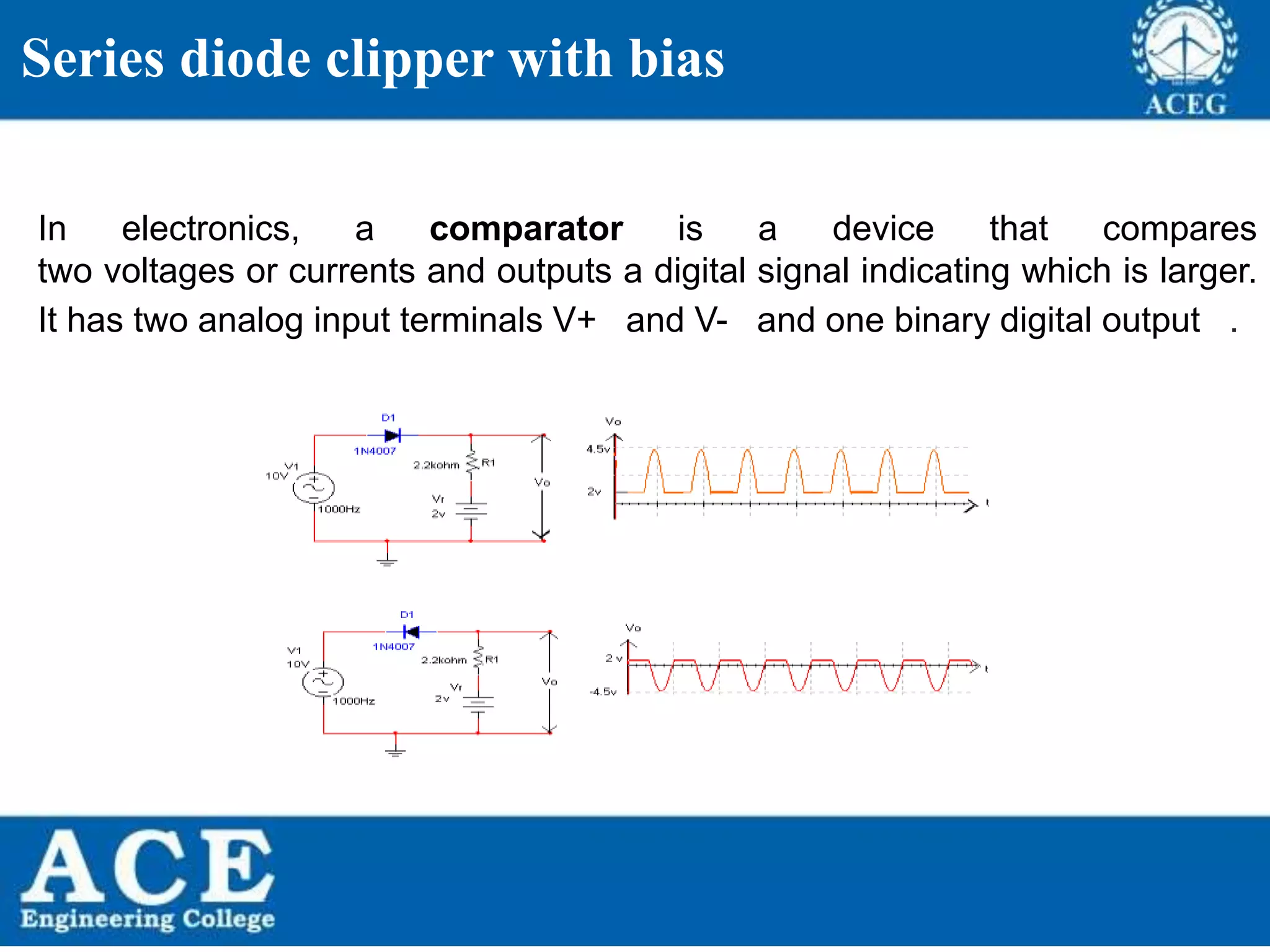 40
In electronics, a comparator is a device that compares
two voltages or currents and outputs a digital signal indicating which is larger.
It has two analog input terminals V+ and V- and one binary digital output .
Series diode clipper with bias
 