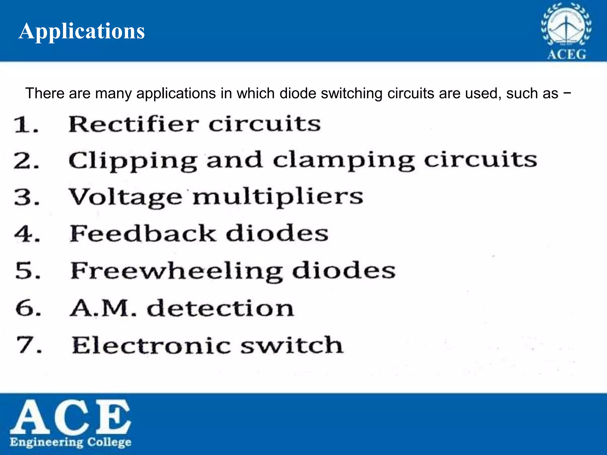 P.KIRAN KUMAR,ECE DEPARTMENT 44P.KIRAN KUMAR,ECE DEPARTMENT 44
Applications
There are many applications in which diode switching circuits are used, such as −
 