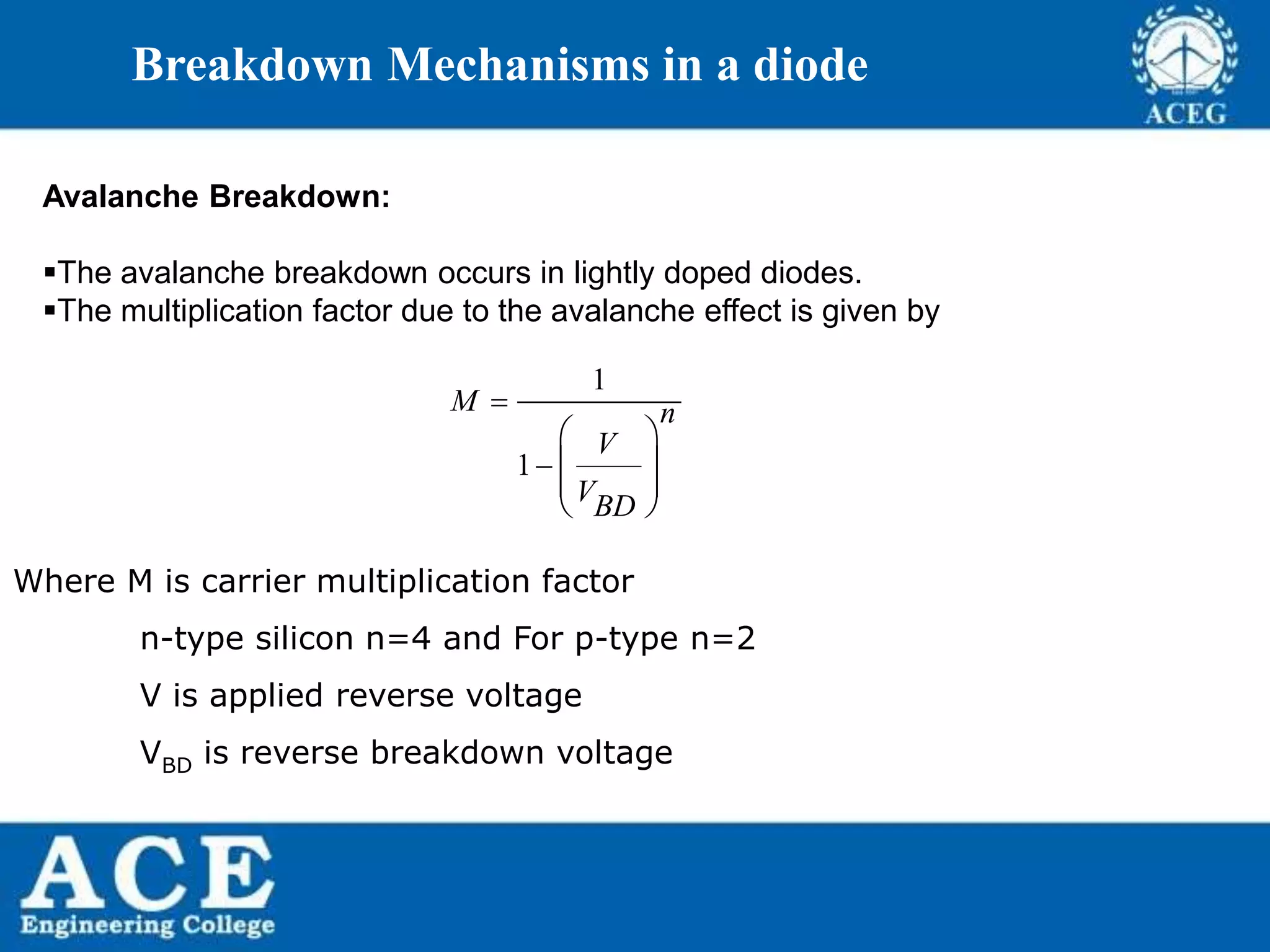 P.KIRAN KUMAR,ECE DEPARTMENT 46
Breakdown Mechanisms in a diode
Avalanche Breakdown:
The avalanche breakdown occurs in lightly doped diodes.
The multiplication factor due to the avalanche effect is given by
1
1
M n
V
VBD


 
 
 
 
Where M is carrier multiplication factor
n-type silicon n=4 and For p-type n=2
V is applied reverse voltage
VBD is reverse breakdown voltage
 
