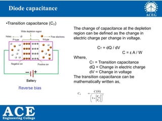 P.KIRAN KUMAR,ECE DEPARTMENT 19
Diode capacitance
•Transition capacitance (CT)
The change of capacitance at the depletion
region can be defined as the change in
electric charge per change in voltage.
CT = dQ / dV
C = ε A / W
Where,
CT = Transition capacitance
dQ = Change in electric charge
dV = Change in voltage
The transition capacitance can be
mathematically written as,
 