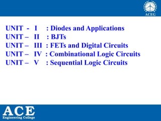 P.KIRAN KUMAR,ECE DEPARTMENT 2
UNIT - I : Diodes and Applications
UNIT – II : BJTs
UNIT – III : FETs and Digital Circuits
UNIT – IV : Combinational Logic Circuits
UNIT – V : Sequential Logic Circuits
 