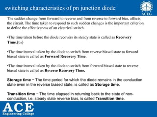 P.KIRAN KUMAR,ECE DEPARTMENT 21
switching characteristics of pn junction diode
The sudden change from forward to reverse and from reverse to forward bias, affects
the circuit. The time taken to respond to such sudden changes is the important criterion
to define the effectiveness of an electrical switch.
•The time taken before the diode recovers its steady state is called as Recovery
Time.(trr)
•The time interval taken by the diode to switch from reverse biased state to forward
biased state is called as Forward Recovery Time.
•The time interval taken by the diode to switch from forward biased state to reverse
biased state is called as Reverse Recovery Time.
Storage time − The time period for which the diode remains in the conduction
state even in the reverse biased state, is called as Storage time.
Transition time − The time elapsed in returning back to the state of non-
conduction, i.e. steady state reverse bias, is called Transition time.
 