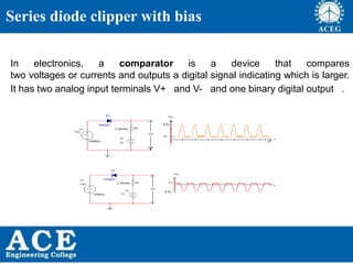 40
In electronics, a comparator is a device that compares
two voltages or currents and outputs a digital signal indicating which is larger.
It has two analog input terminals V+ and V- and one binary digital output .
Series diode clipper with bias
 