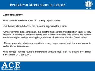 P.KIRAN KUMAR,ECE DEPARTMENT 47
Breakdown Mechanisms in a diode
Zener Breakdown
•The zener breakdown occurs in heavily doped diodes.
•For heavily doped diodes, the depletion region width is small.
•Under reverse bias conditions, the electric field across the depletion layer is very
intense. Breaking of covalent bonds due to intense electric field across the narrow
depletion region and generating large number of electrons is called Zener effect.
•These generated electrons constitute a very large current and the mechanism is
called Zener breakdown.
•The diodes having reverse breakdown voltage less than 5v shows the Zener
mechanism of breakdown.
 