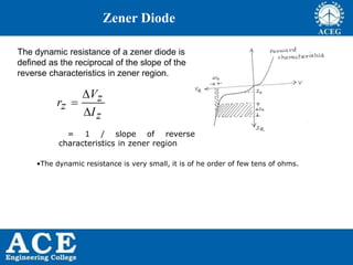 P.KIRAN KUMAR,ECE DEPARTMENT 49
Zener Diode
The dynamic resistance of a zener diode is
defined as the reciprocal of the slope of the
reverse characteristics in zener region.
Vzrz
Iz



= 1 / slope of reverse
characteristics in zener region
•The dynamic resistance is very small, it is of he order of few tens of ohms.
 