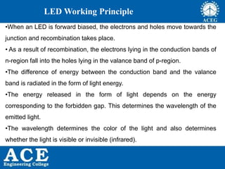P.KIRAN KUMAR,ECE DEPARTMENT 62
LED Working Principle
•When an LED is forward biased, the electrons and holes move towards the
junction and recombination takes place.
• As a result of recombination, the electrons lying in the conduction bands of
n-region fall into the holes lying in the valance band of p-region.
•The difference of energy between the conduction band and the valance
band is radiated in the form of light energy.
•The energy released in the form of light depends on the energy
corresponding to the forbidden gap. This determines the wavelength of the
emitted light.
•The wavelength determines the color of the light and also determines
whether the light is visible or invisible (infrared).
 