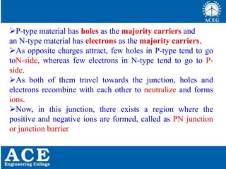 P.KIRAN KUMAR,ECE DEPARTMENT 8
P-type material has holes as the majority carriers and
an N-type material has electrons as the majority carriers.
As opposite charges attract, few holes in P-type tend to go
toN-side, whereas few electrons in N-type tend to go to P-
side.
As both of them travel towards the junction, holes and
electrons recombine with each other to neutralize and forms
ions.
Now, in this junction, there exists a region where the
positive and negative ions are formed, called as PN junction
or junction barrier
 