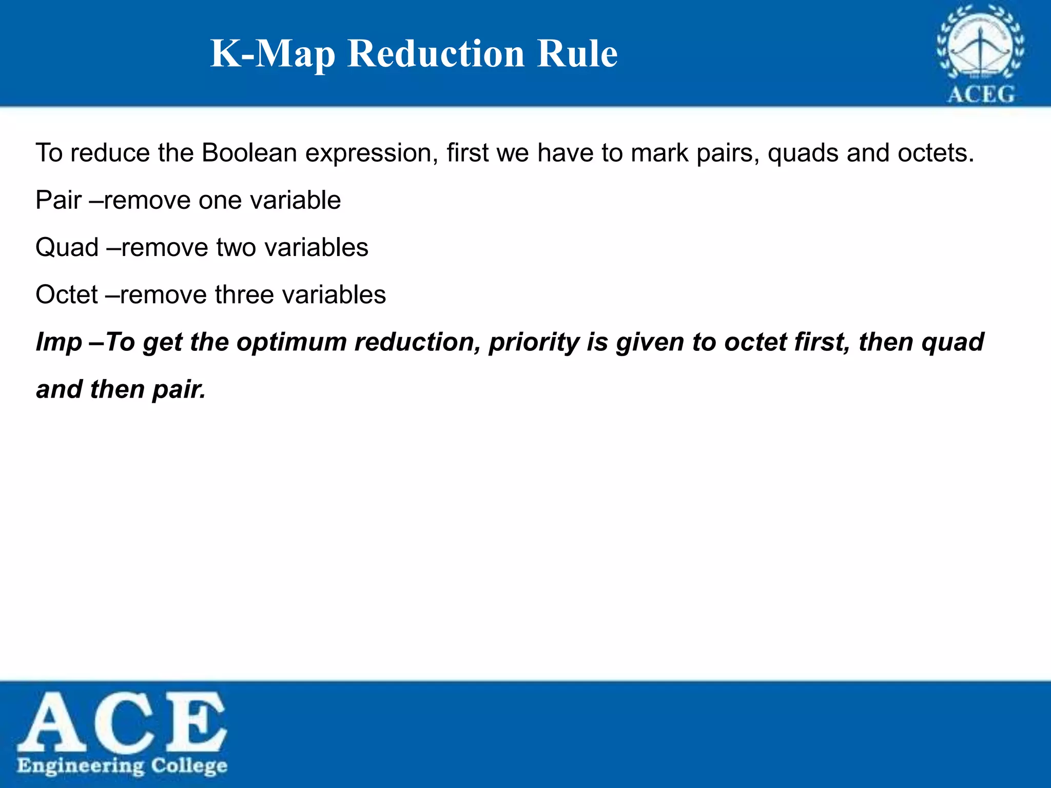 P.KIRAN KUMAR,ECE DEPARTMENT 32
K-Map Reduction Rule
To reduce the Boolean expression, first we have to mark pairs, quads and octets.
Pair –remove one variable
Quad –remove two variables
Octet –remove three variables
Imp –To get the optimum reduction, priority is given to octet first, then quad
and then pair.
 