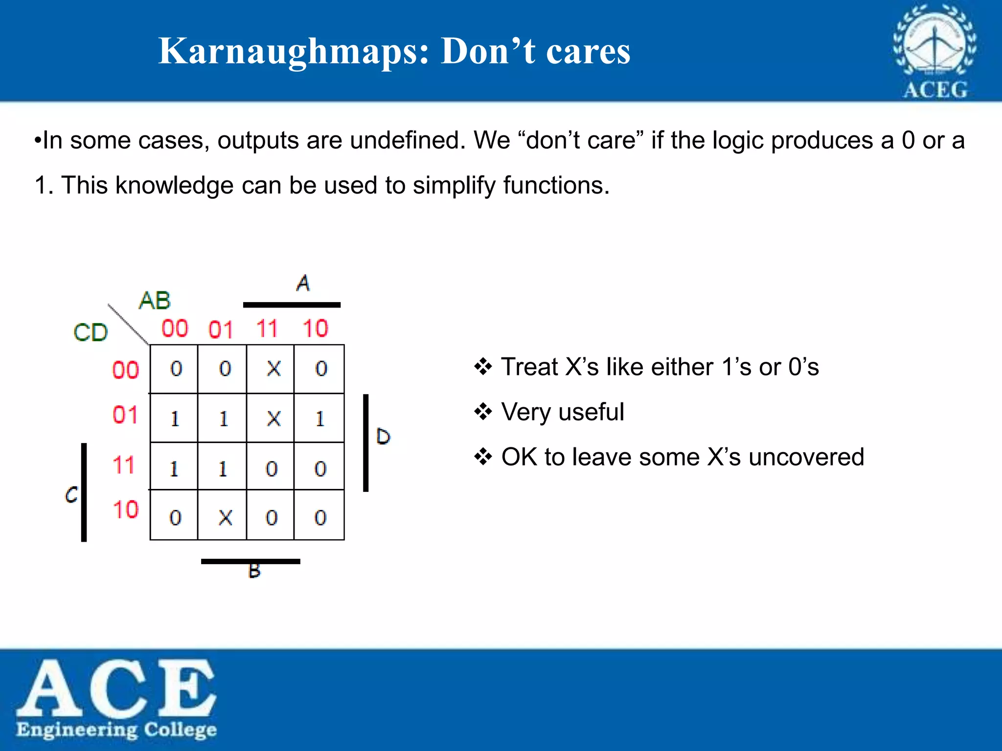 P.KIRAN KUMAR,ECE DEPARTMENT 40
Karnaughmaps: Don’t cares
•In some cases, outputs are undefined. We “don’t care” if the logic produces a 0 or a
1. This knowledge can be used to simplify functions.
 Treat X’s like either 1’s or 0’s
 Very useful
 OK to leave some X’s uncovered
 
