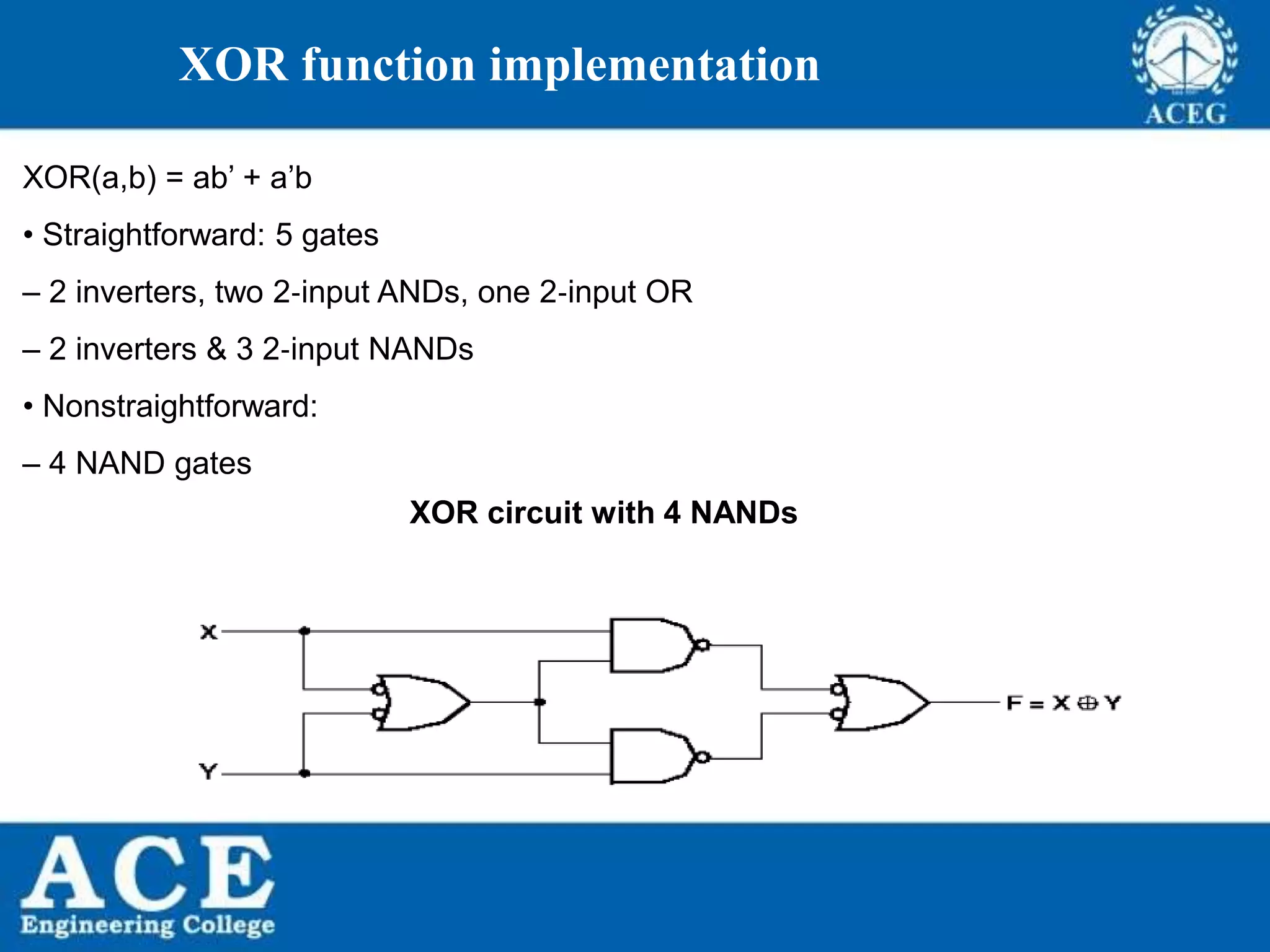 P.KIRAN KUMAR,ECE DEPARTMENT 52
XOR function implementation
XOR(a,b) = ab’ + a’b
• Straightforward: 5 gates
– 2 inverters, two 2‐input ANDs, one 2‐input OR
– 2 inverters & 3 2‐input NANDs
• Nonstraightforward:
– 4 NAND gates
XOR circuit with 4 NANDs
 