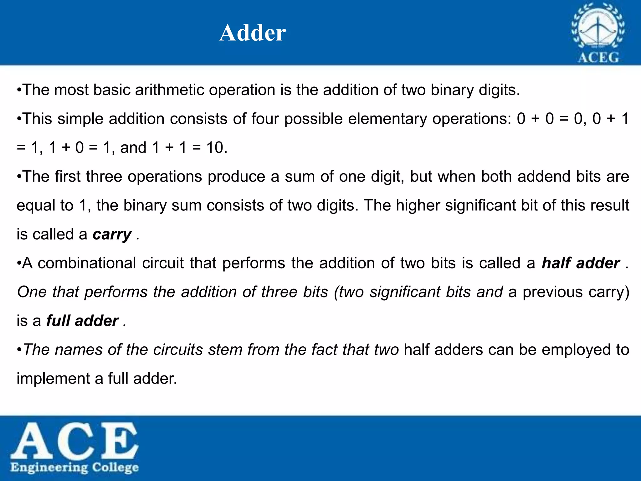 P.KIRAN KUMAR,ECE DEPARTMENT 53
Adder
•The most basic arithmetic operation is the addition of two binary digits.
•This simple addition consists of four possible elementary operations: 0 + 0 = 0, 0 + 1
= 1, 1 + 0 = 1, and 1 + 1 = 10.
•The first three operations produce a sum of one digit, but when both addend bits are
equal to 1, the binary sum consists of two digits. The higher significant bit of this result
is called a carry .
•A combinational circuit that performs the addition of two bits is called a half adder .
One that performs the addition of three bits (two significant bits and a previous carry)
is a full adder .
•The names of the circuits stem from the fact that two half adders can be employed to
implement a full adder.
 