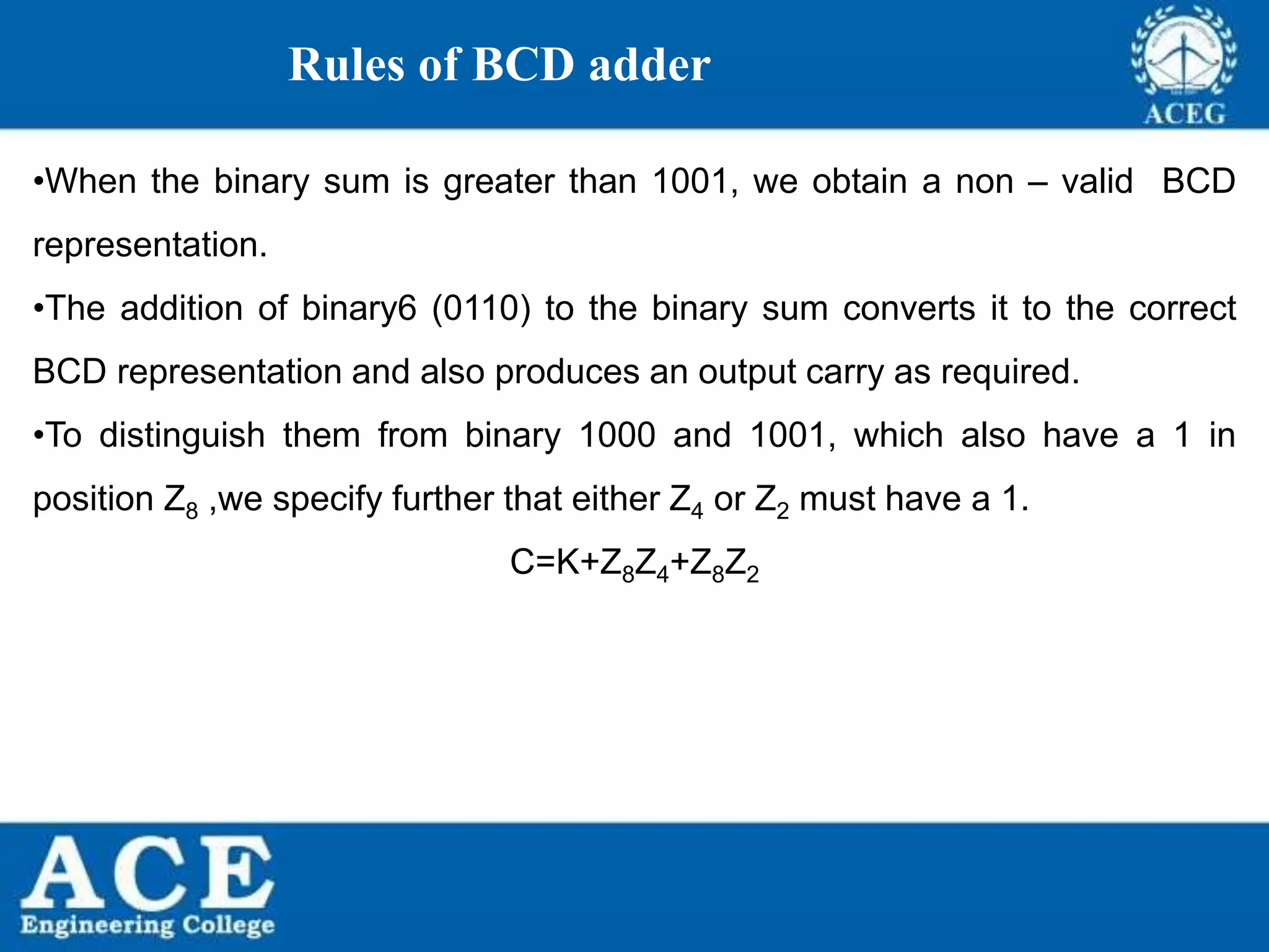 P.KIRAN KUMAR,ECE DEPARTMENT 64
Rules of BCD adder
•When the binary sum is greater than 1001, we obtain a non – valid BCD
representation.
•The addition of binary6 (0110) to the binary sum converts it to the correct
BCD representation and also produces an output carry as required.
•To distinguish them from binary 1000 and 1001, which also have a 1 in
position Z8 ,we specify further that either Z4 or Z2 must have a 1.
C=K+Z8Z4+Z8Z2
 