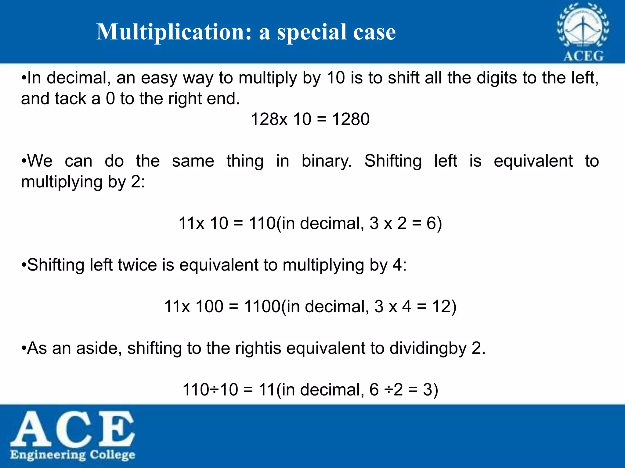 P.KIRAN KUMAR,ECE DEPARTMENT 69
Multiplication: a special case
•In decimal, an easy way to multiply by 10 is to shift all the digits to the left,
and tack a 0 to the right end.
128x 10 = 1280
•We can do the same thing in binary. Shifting left is equivalent to
multiplying by 2:
11x 10 = 110(in decimal, 3 x 2 = 6)
•Shifting left twice is equivalent to multiplying by 4:
11x 100 = 1100(in decimal, 3 x 4 = 12)
•As an aside, shifting to the rightis equivalent to dividingby 2.
110÷10 = 11(in decimal, 6 ÷2 = 3)
 