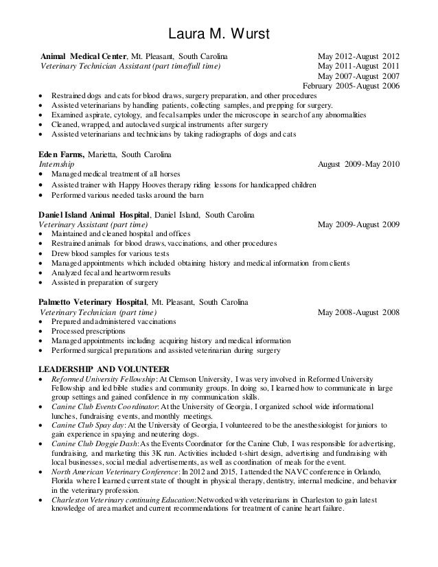 resume for veterinary assistant
