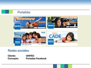 Redes sociales
Cliente:			UNITEC
Concepto:		 Portadas Facebook
¡Vacaciones! DEL 30 MARZO
AL 4 DE ABRIL
UNITEC Campus Atizapan
College & University
SU ESFUERZO
SE RECOMPENSA HOY…
ESTAMOS ORGULLOSOS DE USTEDES
#OrgulloUNITEC
¡FELICIDADES GRADUADOS
Generación 15-2!
UNITEC Campus Atizapan
COMUNIDAD
UNITEC
RESUELVE DUDAS
REPORTA PROBLEMAS
COMPARTE LO QUE SABES
MIÉRCOLES
DE
 