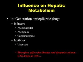 Influence on Hepatic
Metabolism
• 1st Generation antiepileptic drugs
– Inducers
• Phenobarbital
• Phenytoin
• Carbamazepine

– Inhibitor
• Valproate
• Therefore, affect the kinetics and dynamics of nonCNS drugs as well…

 