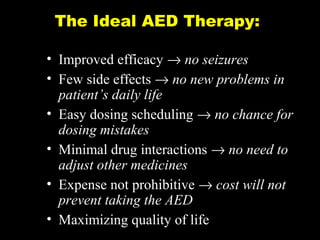 The Ideal AED Therapy:
• Improved efficacy → no seizures
• Few side effects → no new problems in
patient’s daily life
• Easy dosing scheduling → no chance for
dosing mistakes
• Minimal drug interactions → no need to
adjust other medicines
• Expense not prohibitive → cost will not
prevent taking the AED
• Maximizing quality of life

 