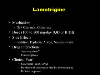 Lamotrigine
• Mechanism
– Na+ Channels, Glutamate

• Dose (100 to 500 mg/day [QD or BID])
• Side Effects
– Sedation, Diplopia, Ataxia, Nausea - Rash

• Drug Interactions
• “one way street”
• Contraceptives

• Clinical Pearl
• Slow taper - (esp. VPA)
• Incidence of severe rash may by overestimated
• Pediatric approval

 