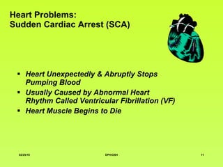 Heart Problems: Sudden Cardiac Arrest (SCA) Heart Unexpectedly & Abruptly Stops Pumping Blood Usually Caused by Abnormal Heart Rhythm Called  Ventricular Fibrillation  (VF) Heart Muscle Begins to Die 