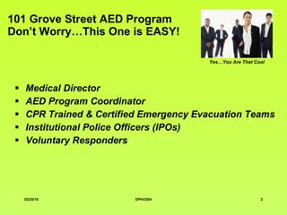 101 Grove Street AED Program Don’t Worry…This One is EASY! Medical Director AED Program Coordinator CPR Trained & Certified Emergency Evacuation Teams Institutional Police Officers (IPOs) Voluntary Responders Yes…You Are That Cool 
