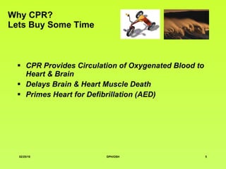 W hy CPR? Lets Buy Some Time CPR Provides Circulation of Oxygenated Blood to Heart & Brain Delays Brain & Heart Muscle Death Primes Heart for Defibrillation (AED) 