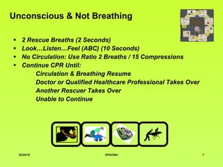 Unconscious & Not Breathing 2 Rescue Breaths  ( 2 Sec ond s) Look…Listen…Feel (ABC) ( 10 Seconds) No Circulation: Use Ratio 2 Breaths / 15 Compressions Continue CPR Until: Circulation & Breathing Resume Doctor or Qualified Healthcare Professional Takes Over Another Rescuer Takes Over Unable to Continue 