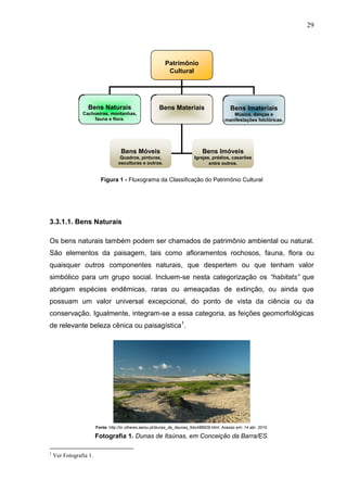 29




                                                             Patrimônio
                                                              Cultural




                  Bens Naturais                          Bens Materiais                        Bens Imateriais
                Cachoeiras, montanhas,                                                         Música, danças e
                    fauna e flora.                                                          manifestações folclóricas.




                                     Bens Móveis                                Bens Imóveis
                                     Quadros, pinturas,                     Igrejas, prédios, casarões
                                    esculturas e outros.                           entre outros.


                          Figura 1 - Fluxograma da Classificação do Patrimônio Cultural




3.3.1.1. Bens Naturais

Os bens naturais também podem ser chamados de patrimônio ambiental ou natural.
São elementos da paisagem, tais como afloramentos rochosos, fauna, flora ou
quaisquer outros componentes naturais, que despertem ou que tenham valor
simbólico para um grupo social. Incluem-se nesta categorização os “habitats” que
abrigam espécies endêmicas, raras ou ameaçadas de extinção, ou ainda que
possuam um valor universal excepcional, do ponto de vista da ciência ou da
conservação. Igualmente, integram-se a essa categoria, as feições geomorfológicas
de relevante beleza cênica ou paisagística1.




                        Fonte: http://br.olhares.aeiou.pt/dunas_de_itaunas_foto486929.html. Acesso em: 14 abr. 2010.

                        Fotografia 1. Dunas de Itaúnas, em Conceição da Barra/ES.

1
    Ver Fotografia 1.
 