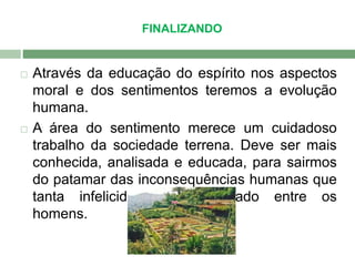 FINALIZANDO 
 Através da educação do espírito nos aspectos 
moral e dos sentimentos teremos a evolução 
humana. 
 A área do sentimento merece um cuidadoso 
trabalho da sociedade terrena. Deve ser mais 
conhecida, analisada e educada, para sairmos 
do patamar das inconsequências humanas que 
tanta infelicidade tem causado entre os 
homens. 
 