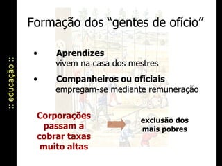 Formação dos “gentes de ofício” :: educação :: Aprendizes   vivem na casa dos mestres Companheiros ou oficiais empregam-se mediante remuneração Corporações passam a cobrar taxas muito altas exclusão dos mais pobres 