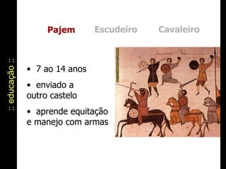 :: educação :: Pajem Escudeiro Cavaleiro 7 ao 14 anos enviado a  outro castelo aprende equitação  e manejo com armas 