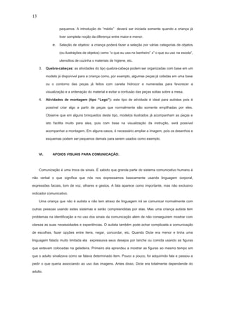 13
pequenos. A introdução do “médio” deverá ser iniciada somente quando a criança já
tiver completa noção da diferença entre maior e menor.
e. Seleção de objetos: a criança poderá fazer a seleção por várias categorias de objetos
(ou ilustrações de objetos) como “o que eu uso no banheiro” x” o que eu uso na escola”,
utensílios de cozinha x materiais de higiene, etc.
3. Quebra-cabeças: as atividades do tipo quebra-cabeça podem ser organizadas com base em um
modelo já disponível para a criança como, por exemplo, algumas peças já coladas em uma base
ou o contorno das peças já feitos com caneta hidrocor e numeradas para favorecer a
visualização e a ordenação do material e evitar a confusão das peças soltas sobre a mesa.
4. Atividades de montagem (tipo “Lego”): este tipo de atividade é ideal para autistas pois é
possível criar algo a partir de peças que normalmente são somente empilhadas por eles.
Observe que em alguns brinquedos deste tipo, modelos ilustrados já acompanham as peças e
isto facilita muito para eles, pois com base na visualização da instrução, será possível
acompanhar a montagem. Em alguns casos, é necessário ampliar a imagem, pois os desenhos e
esquemas podem ser pequenos demais para serem usados como exemplo.
VI. APOIOS VISUAIS PARA COMUNICAÇÃO:
Comunicação é uma troca de sinais. É sabido que grande parte do sistema comunicativo humano é
não verbal o que significa que nós nos expressamos basicamente usando linguagem corporal,
expressões faciais, tom de voz, olhares e gestos. A fala aparece como importante, mas não exclusivo
indicador comunicativo.
Uma criança que não é autista e não tem atraso de linguagem irá se comunicar normalmente com
outras pessoas usando estes sistemas e serão compreendidas por elas. Mas uma criança autista tem
problemas na identificação e no uso dos sinais da comunicação além de não conseguirem mostrar com
clareza as suas necessidades e experiências. O autista também pode achar complicada a comunicação
de escolhas, fazer opções entre itens, negar, concordar, etc. Quando Dicte era menor e tinha uma
linguagem falada muito limitada ela expressava seus desejos por lanche ou comida usando as figuras
que estavam colocadas na geladeira. Primeiro ela aprendeu a mostrar as figuras ao mesmo tempo em
que o adulto sinalizava como se falava determinado item. Pouco a pouco, foi adquirindo fala e passou a
pedir o que queria associando ao uso das imagens. Antes disso, Dicte era totalmente dependende do
adulto.
 