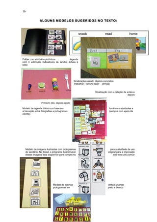 16
ALGUNS MODELOS SUGERIDOS NO TEXTO:
Folder com símbolos pictóricos Agenda
com 3 estímulos indicadores de lanche, leitura e
casa
Sinalização usando objetos concretos
Trabalhar – lanche-lazer – almoço
Sinalização com a relação de antes e
depois
Primeiro isto, depois aquilo
Modelo de agenda diária com base em horários e atividades e
a transição entre fotografias e pictogramas (sempre com apoio da
escrita)
Modelo de imagens ilustradas com pictogramas para a atividade de uso
do sanitário. No Brasil, o programa Boardmaker original para a impressão
destas imagens está disponível para compra no site www.clik.com.br
Modelo de agenda vertical usando
pictogramas em preto e branco
 