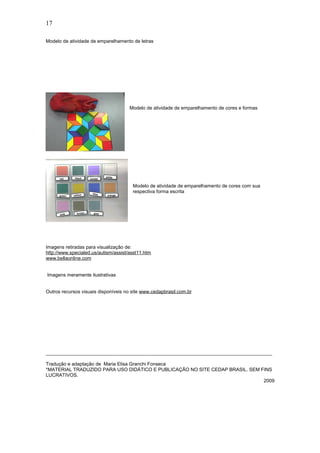 17
Modelo de atividade de emparelhamento de letras
Modelo de atividade de emparelhamento de cores e formas
Modelo de atividade de emparelhamento de cores com sua
respectiva forma escrita
Imagens retiradas para visualização de:
http://www.specialed.us/autism/assist/asst11.htm
www.bellaonline.com
Imagens meramente ilustrativas
Outros recursos visuais disponíveis no site www.cedapbrasil.com.br
____________________________________________________________________________________
Tradução e adaptação de Maria Elisa Granchi Fonseca
*MATERIAL TRADUZIDO PARA USO DIDÁTICO E PUBLICAÇÃO NO SITE CEDAP BRASIL. SEM FINS
LUCRATIVOS.
2009
 