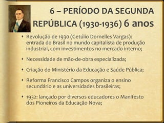 6 – PERÍODO DA SEGUNDA REPÚBLICA (1930-1936)  6 anos Revolução de 1930 (Getúlio Dornelles Vargas): entrada do Brasil no mundo capitalista de produção industrial, com investimentos no mercado interno; Necessidade de mão-de-obra especializada; Criação do Ministério da Educação e Saúde Pública; Reforma Francisco Campos organiza o ensino secundário e as universidades brasileiras; 1932: lançado por diversos educadores o Manifesto dos Pioneiros da Educação Nova; 
