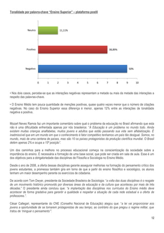 Tonalidade por palavra-chave “Ensino Superior” – plataforma postX




              Neutro                      11,11%




             Positivo                                                            38,89%




            Negativo                                                                             50%



                        0     1       2        3     4       5       6       7        8      9         10


• Nos dois casos, percebe-se que as interações negativas representam a metade ou mais da metade das interações a
respeito das palavras-chave.

• O Ensino Médio tem pouca quantidade de menções positivas, quase quatro vezes menor que o número de citações
negativas. No caso do Ensino Superior essa diferença é menor, apenas 12% entre as interações de tonalidade
negativa e positiva.


Mozart Neves Ramos faz um importante comentário sobre qual o problema da educação no Brasil afirmando que esta
não é uma dificuldade enfrentada apenas por nós brasileiros: “A Educação é um problema no mundo todo. Ainda
existem muitas crianças analfabetas, muitos jovens e adultos que estão passando sua vida sem alfabetização. É
inadmissível que em um mundo em que o conhecimento é fator competitivo tenhamos um país tão desigual. Somos, no
mundo, mais de uma centena de países, mas são 10 os países protagonistas da produção científica mundial. O Brasil
detém apenas 2% e ocupa a 15ª posição”.

Um dos caminhos para a melhora no processo educacional começa na conscientização da sociedade sobre a
importância do ensino. É necessária a formação de uma base social, que pode ser criada em sala de aula. Esse é um
dos objetivos para a obrigatoriedade das disciplinas de Filosofia e Sociologia no Ensino Médio.

Desde o ano de 2008, a oferta dessas disciplinas garante assegurar melhorias na formação do pensamento crítico dos
jovens estudantes, a promessa também gira em torno de que a partir do ensino filosófico e sociológico, os alunos
tenham um maior desempenho perante os exercícios de cidadania.

De acordo com Tom Dwyer, presidente da Sociedade Brasileira de Sociologia: “a volta das duas disciplinas é o resgate
de um movimento histórico promovido por diversas áreas da educação e da cultura que aconteceu por mais de três
décadas.” O presidente ainda concluiu que: “a implantação das disciplinas nos currículos do Ensino médio deve
acontecer de forma gradativa para garantir a qualidade e respeitar a situação de cada rede estadual e a oferta de
professores.”.

César Callegari, representante do CNE (Conselho Nacional de Educação) alegou que: “a lei vai proporcionar aos
jovens a oportunidade de se tornarem protagonistas de seu tempo, ao contrário do que pregou o regime militar, que
tratou de „minguar o pensamento‟”.

                                                                                                                 12
 