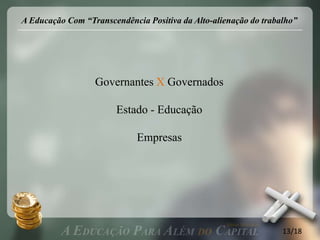 A Educação Com “Transcendência Positiva da Alto-alienação do trabalho”




                  Governantes X Governados

                        Estado - Educação

                             Empresas




                                                                  13/18
 