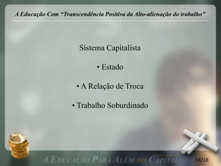 A Educação Com “Transcendência Positiva da Alto-alienação do trabalho”




                       Sistema Capitalista

                              • Estado

                      • A Relação de Troca

                     • Trabalho Soburdinado




                                                                  14/18
 