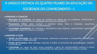 A UNESCO DESTACA OS QUATRO PILARES DA EDUCAÇÃO NA
SOCIEDADE DO CONHECIMENTO – I
APRENDER A CONHECER
 Resolução de Problemas: ser capaz de mobilizar-se diante de um problema, mobilizando e
articulando conhecimentos e estratégias diversas para resolvê-lo;
 Pensamento Crítico: saber analisar e sintetizar ideias, fatos e situações, assumindo
posicionamentos devidamente fundamentados;
 Curiosidade Investigativa: ter interesse e persistência para explorar, experimentar, aprender e
reaprender sobre si, o outro e o mundo.
APRENDER A FAZER
 Gestão da Informação: ser capaz de acessar, selecionar, processar e compartilhar informações,
em contextos e mídias diversas;
 Gestão de Processos: saber planejar, executar e avaliar os processos de aprendizagem, trabalho
e convivência;
 Criatividade: ser capaz de fazer novas conexões a partir de conhecimentos prévios e outros
saberes já estruturados, trazendo contribuições de valor para si mesmo e para o mundo.
 