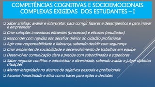 COMPETÊNCIAS COGNITIVAS E SOCIOEMOCIONAIS
COMPLEXAS EXIGIDAS DOS ESTUDANTES – I
 Saber analisar, avaliar e interpretar, para corrigir fazeres e desempenhos e para inovar
e empreender
 Criar soluções inovadoras eficientes (processos) e eficazes (resultados)
 Responder com rapidez aos desafios diários do cidadão profissional
 Agir com responsabilidade e liderança, sabendo decidir com segurança
 Criar ambientes de sociabilidade e desenvolvimento de trabalhos em equipe
 Desenvolver comunicação clara e precisa com subordinados e superiores
 Saber negociar conflitos e administrar a diversidade, sabendo avaliar e julgar distintas
situações
 Manter integridade no alcance de objetivos pessoais e profissionais
 Assumir honestidade e ética como bases para ações e decisões
 