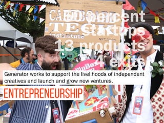 ENTREPRENEURSHIP
Generator works to support the livelihoods of independent
creatives and launch and grow new ventures.
50 percent
startups
13 products
4 exits
 