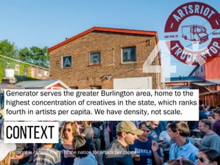 CONTEXT
Generator serves the greater Burlington area, home to the
highest concentration of creatives in the state, which ranks
fourth in artists per capita. We have density, not scale.
4*
* Vermont is ranked fourth in the nation for artists per capita
 