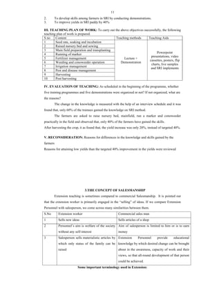 11
2. To develop skills among farmers in SRI by conducting demonstrations.
3. To improve yields in SRI paddy by 40%
III. TEACHING PLAN OF WORK: To carry out the above objectives successfully, the following
teaching plan of work is prepared.
S no Content Teaching methods Teaching Aids
1 Seed rate, soaking and incubation
Lecture +
Demonstration
Powerpoint
presentations, video
cassettes, posters, flip
charts, live samples
and SRI implements
2 Raised nursery bed and sowing
3 Main field preparation and transplanting
4 Running of marker
5 Fertilizer management
6 Weeding and conoweeder operation
7 Irrigation management
8 Pest and disease management
9 Harvesting
10 Post harvesting
IV. EVALUATION OF TEACHING: As scheduled in the beginning of the programme, whether
five training programmes and five demonstrations were organized or not? If not organized, what are
the reasons?
The change in the knowledge is measured with the help of an interview schedule and it was
found that, only 60% of the trainees gained the knowledge on SRI method.
The farmers are asked to raise nursery bed, mainfield, run a marker and conoweeder
practically in the field and observed that, only 40% of the farmers have gained the skills.
After harvesting the crop, it as found that, the yield increase was only 20%, instead of targeted 40%.
V. RECONSIDERATION: Reasons for differences in the knowledge and skills gained by the
farmers
Reasons for attaining low yields than the targeted 40% improvement in the yields were reviewed
3.THE CONCEPT OF SALESMANSHIP
Extension teaching is sometimes compared to commercial Salesmanship. It is pointed out
that the extension worker is primarily engaged in the “selling” of ideas. If we compare Extension
Personnel with salesperson, we come across many similarities between them.
S.No Extension worker Commercial sales man
1 Sells new ideas Sells articles of a shop
2 Personnel’s aim is welfare of the society
without any self-interest
Aim of salesperson is limited to him or is to earn
money
3 Salesperson sells materialistic articles by
which only status of the family can be
raised
Extension Personnel provide educational
knowledge by which desired change can be brought
about in the awareness, capacity of work and their
views, so that all-round development of that person
could be achieved.
Some important terminology used in Extension:
 