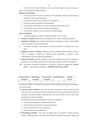 27
On the basis of the above definitions, we can say that the study of causes of success or
failure of the programme is called evaluation.
Objectives of Evaluation:
1. To know the causes for success or failure of the programme, along with identifying the
obstacles for success in the programme
2. To inspire the workers for the evaluation of their objectives
3. To know the merits and demerits of the programme
4. To increase the self-confidence in both the rural people and extension worker
5. To unearth the expenses and achievements of a programme
6. To find out the usefulness of new experimental teaching methods
Types of evaluation:
I. According to purpose for which we conduct evaluation- it is of two types
 Formative evaluation: gathers data for development of an effective extension programme.
 Summative evaluation: tries to measure end results of a programme in order to decide whether
or not it should be continued or discontinued.
II. According to the stage of the programme- when the evaluation is conducted. It is of two
types
 Ongoing or process evaluation: Ongoing or process evaluation means evaluation when the
work is in progress, it enables the evaluator and the stakeholders to develop a better
understanding of the functioning of the programmes.
 Outcome evaluation: Outcome evaluation is done after completion of the work. It enables the
participants to assess which of their goals are being achieved and how well this is being done.
III. According to the nature of evaluation- it is divided into 5 degrees as suggested by Frutchey
(1967) Fig: Evaluation continuum of DEGREES OF EVALUATION
Casual every day
evaluations
Self-checking
evaluations
Do-it-yourself
evaluations
Extension studies Scientific
research
1 2 3 4 5
The first three degrees of evaluation are informal in nature and the next two degrees of evaluation
are formal in nature.
1. Causal every-day evaluation: This is the initial part of evaluation we do every day. Eg- Good
dress, best actor, worst speech etc. These simple observations are important but have their own
limitations. We must be careful in analyzing what is the truth and what is seen. It is most crude
and subjective method of evaluation.
The following are some of the limitations of this type of evaluations:
 Personal ideas used instead of standard measurements.
 Intuition (guess) and personal bias cannot be eliminated
 No systematic plan for arriving at conclusion
 May have only part of the information.
2. Self-checking evaluation: This is the next higher degree of evaluation. It makes conscious
attempt to apply principles of evaluation. Eg- checking on ordinary observations, talking with
 