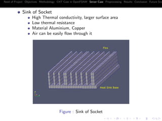 Need of Project Objectives Methodology CHT Case in OpenFOAM Server Case Preprocessing Results Conclusion Future Sco
Sink of Socket
High Thermal conductivity, larger surface area
Low thermal resistance
Material Aluminium, Copper
Air can be easily ﬂow through it
Figure : Sink of Socket
 