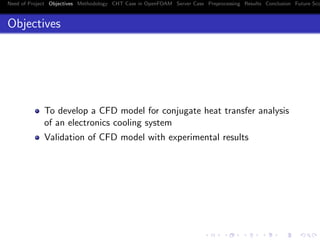 Need of Project Objectives Methodology CHT Case in OpenFOAM Server Case Preprocessing Results Conclusion Future Sco
Objectives
To develop a CFD model for conjugate heat transfer analysis
of an electronics cooling system
Validation of CFD model with experimental results
 