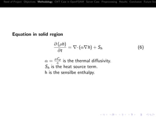 Need of Project Objectives Methodology CHT Case in OpenFOAM Server Case Preprocessing Results Conclusion Future Sco
Equation in solid region
∂ (ρh)
∂t
= · (α h) + Sh (6)
α =
µCp
κ is the thermal diﬀusivity.
Sh is the heat source term.
h is the sensilbe enthalpy.
 