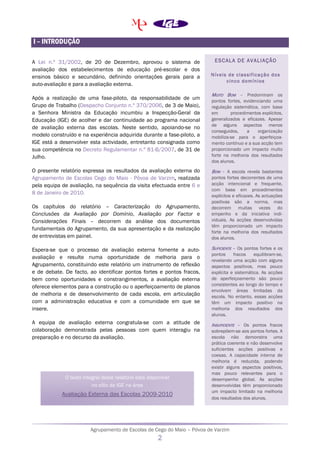 Agrupamento de Escolas de Cego do Maio – Póvoa de Varzim
2
I – INTRODUÇÃO
A Lei n.º 31/2002, de 20 de Dezembro, aprovou o sistema de
avaliação dos estabelecimentos de educação pré-escolar e dos
ensinos básico e secundário, definindo orientações gerais para a
auto-avaliação e para a avaliação externa.
Após a realização de uma fase-piloto, da responsabilidade de um
Grupo de Trabalho (Despacho Conjunto n.º 370/2006, de 3 de Maio),
a Senhora Ministra da Educação incumbiu a Inspecção-Geral da
Educação (IGE) de acolher e dar continuidade ao programa nacional
de avaliação externa das escolas. Neste sentido, apoiando-se no
modelo construído e na experiência adquirida durante a fase-piloto, a
IGE está a desenvolver esta actividade, entretanto consignada como
sua competência no Decreto Regulamentar n.º 81-B/2007, de 31 de
Julho.
O presente relatório expressa os resultados da avaliação externa do
Agrupamento de Escolas Cego do Maio - Póvoa de Varzim, realizada
pela equipa de avaliação, na sequência da visita efectuada entre 6 e
8 de Janeiro de 2010.
Os capítulos do relatório – Caracterização do Agrupamento,
Conclusões da Avaliação por Domínio, Avaliação por Factor e
Considerações Finais – decorrem da análise dos documentos
fundamentais do Agrupamento, da sua apresentação e da realização
de entrevistas em painel.
Espera-se que o processo de avaliação externa fomente a auto-
avaliação e resulte numa oportunidade de melhoria para o
Agrupamento, constituindo este relatório um instrumento de reflexão
e de debate. De facto, ao identificar pontos fortes e pontos fracos,
bem como oportunidades e constrangimentos, a avaliação externa
oferece elementos para a construção ou o aperfeiçoamento de planos
de melhoria e de desenvolvimento de cada escola, em articulação
com a administração educativa e com a comunidade em que se
insere.
A equipa de avaliação externa congratula-se com a atitude de
colaboração demonstrada pelas pessoas com quem interagiu na
preparação e no decurso da avaliação.
ESCALA DE AVALIAÇÃO
Níveis de classificação dos
cinco domínios
MUITO BOM – Predominam os
pontos fortes, evidenciando uma
regulação sistemática, com base
em procedimentos explícitos,
generalizados e eficazes. Apesar
de alguns aspectos menos
conseguidos, a organização
mobiliza-se para o aperfeiçoa-
mento contínuo e a sua acção tem
proporcionado um impacto muito
forte na melhoria dos resultados
dos alunos.
BOM – A escola revela bastantes
pontos fortes decorrentes de uma
acção intencional e frequente,
com base em procedimentos
explícitos e eficazes. As actuações
positivas são a norma, mas
decorrem muitas vezes do
empenho e da iniciativa indi-
viduais. As acções desenvolvidas
têm proporcionado um impacto
forte na melhoria dos resultados
dos alunos.
SUFICIENTE – Os pontos fortes e os
pontos fracos equilibram-se,
revelando uma acção com alguns
aspectos positivos, mas pouco
explícita e sistemática. As acções
de aperfeiçoamento são pouco
consistentes ao longo do tempo e
envolvem áreas limitadas da
escola. No entanto, essas acções
têm um impacto positivo na
melhoria dos resultados dos
alunos.
INSUFICIENTE – Os pontos fracos
sobrepõem-se aos pontos fortes. A
escola não demonstra uma
prática coerente e não desenvolve
suficientes acções positivas e
coesas. A capacidade interna de
melhoria é reduzida, podendo
existir alguns aspectos positivos,
mas pouco relevantes para o
desempenho global. As acções
desenvolvidas têm proporcionado
um impacto limitado na melhoria
dos resultados dos alunos.
O texto integral deste relatório está disponível
no sítio da IGE na área
Avaliação Externa das Escolas 2009-2010
 