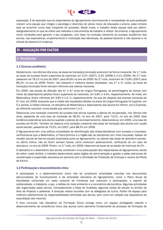 Agrupamento de Escolas de Cego do Maio – Póvoa de Varzim
6
superação. É de assinalar que os responsáveis do Agrupamento reconhecendo a necessidade da auto-avaliação
criaram uma equipa que integra o psicólogo e docentes de vários níveis de educação e ensino, pese embora
esta se encontre numa fase incipiente do processo. Deste modo, o trabalho desta equipa está por definir,
designadamente no que se refere aos métodos e instrumentos de trabalho a utilizar. No entanto, o Agrupamento
reúne condições para garantir o seu progresso, com base na evolução crescente do sucesso académico dos
alunos, nas expectativas, empenhamento e motivação das lideranças, do pessoal docente e não docente e na
atitude de abertura à mudança.
IV – AVALIAÇÃO POR FACTOR
1. Resultados
1.1 Sucesso académico
Globalmente, nos últimos três anos, as taxas de transição/conclusão evoluíram de forma crescente. No 1.º ciclo,
as taxas de sucesso foram superiores às nacionais em 0,2% (2007), 0,3% (2008) e 2,1% (2009). No 2.º ciclo,
passaram de 78,1% no ano de 2007, para 90,8% no ano de 2009. No 3.º ciclo, evoluíram de 73,8% (2007) para
80,2%, no ano de 2009. Porém, não obstante a melhoria destes resultados, nos 2.º e 3.º ciclos, as taxas de
transição/conclusão foram sempre inferiores aos valores nacionais.
Em 2009, nas provas de aferição dos 4.º e 6.º anos de Língua Portuguesa, as percentagens de alunos com
níveis de desempenho positivo foram superiores às nacionais, em 2,8% e 4,4%, respectivamente. Ao invés, em
Matemática, foram inferiores em 3,8% e 1,3, %, respectivamente. No que diz respeito aos exames nacionais do
9.º ano, em 2009, enquanto que a média dos resultados obtidos na prova de Língua Portuguesa foi superior, em
0,1 pontos, à média nacional, na disciplina de Matemática o desempenho dos alunos foi inferior, em 0,3 pontos,
ao referente nacional, numa escala que varia entre 1 e 5.
Observa-se uma evolução crescente do sucesso dos alunos sujeitos a planos de recuperação, nos últimos três
anos, passando de uma taxa de transição de 58,3%, no ano de 2007, para 73,2%, no ano de 2009. Esta
tendência estende-se aos alunos sujeitos a planos de acompanhamento, observando-se, em 2009, uma taxa de
sucesso de 91,9%. Também se observa uma variação crescente das taxas de transição dos alunos com acção
social escolar, passando de 79,5%, em 2007, para 88,3% em 2009.
O Agrupamento tem uma prática consolidada de identificação das áreas/disciplinas com sucesso e insucesso,
verificando-se que a Matemática, a Físico-Química e o Inglês são as disciplinas com mais insucesso. Apesar de
receber alunos de bairros sociais localizados junto ao Agrupamento, os valores das taxas de abandono escolar,
no último triénio, não só foram sempre baixos, como evoluíram positivamente, verificando só um caso de
abandono, no ano de 2009. Porém, no 3.º ciclo, em 2009, observam-se taxas de anulação de matrícula de 2%.
O abandono e o absentismo dos alunos constituem uma preocupação dos responsáveis do Agrupamento, sendo
de referir neste âmbito, o trabalho desenvolvido pelos órgãos de administração e gestão e pelas estruturas de
coordenação e supervisão educativa em parceria com a Comissão de Protecção de Crianças e Jovens da Póvoa
de Varzim.
1.2 Participação e desenvolvimento cívico
A participação e o desenvolvimento cívico não só constituem prioridades inscritas nos documentos
estruturadores do funcionamento e da actividade educativa do Agrupamento, como o Plano Anual de
Actividades contempla um vasto conjunto de iniciativas que valorizam a participação, o espírito de
solidariedade, a cidadania, a paz, a defesa do meio ambiente e a convivência democrática. Algumas actividades
são organizadas pelos alunos, nomeadamente a festa de finalistas, algumas visitas de estudo no âmbito da
Área de Projecto e palestras. A direcção realiza reuniões com os delegados de turma. Porém há espaço para
melhoria relativamente às responsabilidades atribuídas aos alunos, bem como em relação aos dispositivos de
auscultação dos mesmos.
A área curricular não disciplinar de Formação Cívica emerge como um espaço privilegiado visando o
desenvolvimento da consciência cívica dos alunos como elemento fundamental do processo de formação de
 