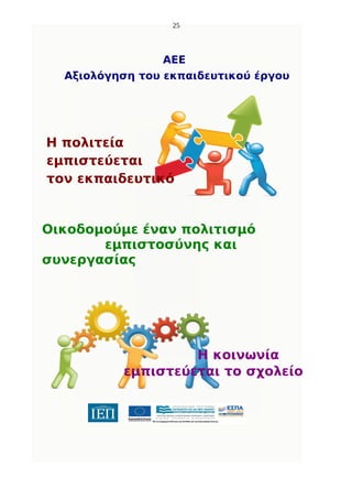 25

ΑΕΕ
Αξιολόγηση του εκπαιδευτικού έργου

Η πολιτεία
εμπιστεύεται
τον εκπαιδευτικό

Oικοδομούμε έναν πολιτισμό
εμπιστοσύνης και
συνεργασίας

Η κοινωνία
εμπιστεύεται το σχολείο

 